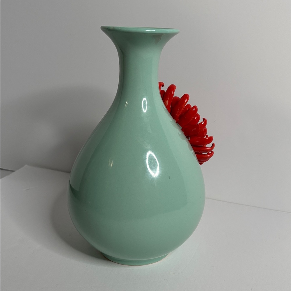 Anthropologie 3D Applied Chrysanthemum Vase Light Blue & Coral (approx 9.25โ) - Picture 6 of 16